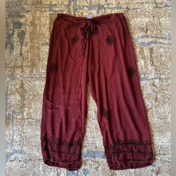 Soft Surroundings Red Embroidered Wrap Pants Wide Leg Palazzo PL Large Petite - Picture 6 of 12